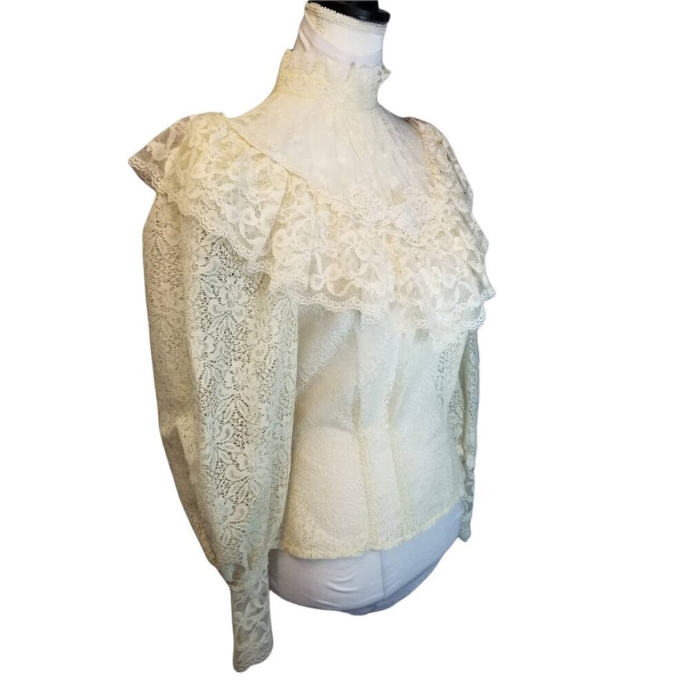 Vtg 70s does victorian ivory lace sheer ruffle puffy sleeve button back blouse - Picture 5 of 12